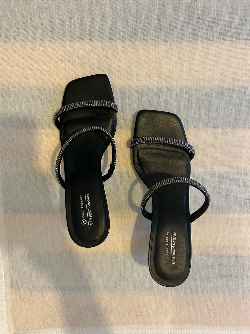 Black Strappy Square-Toe Sandals with Rhinestone Detail